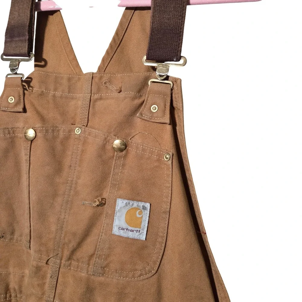 Carhartt Mens Brown Duck Canvas Double Knee Bib Overalls Grunge Distressed 38x30